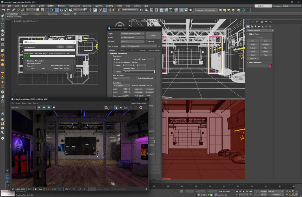 3ds Max viewport and V-Ray rendering process screenshot